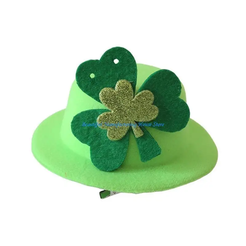 E56A StPatricks Day Green Hat Glittering Shamrock Top Hat Hair Clip for Holiday Celebration and Festival Event Gatherings
