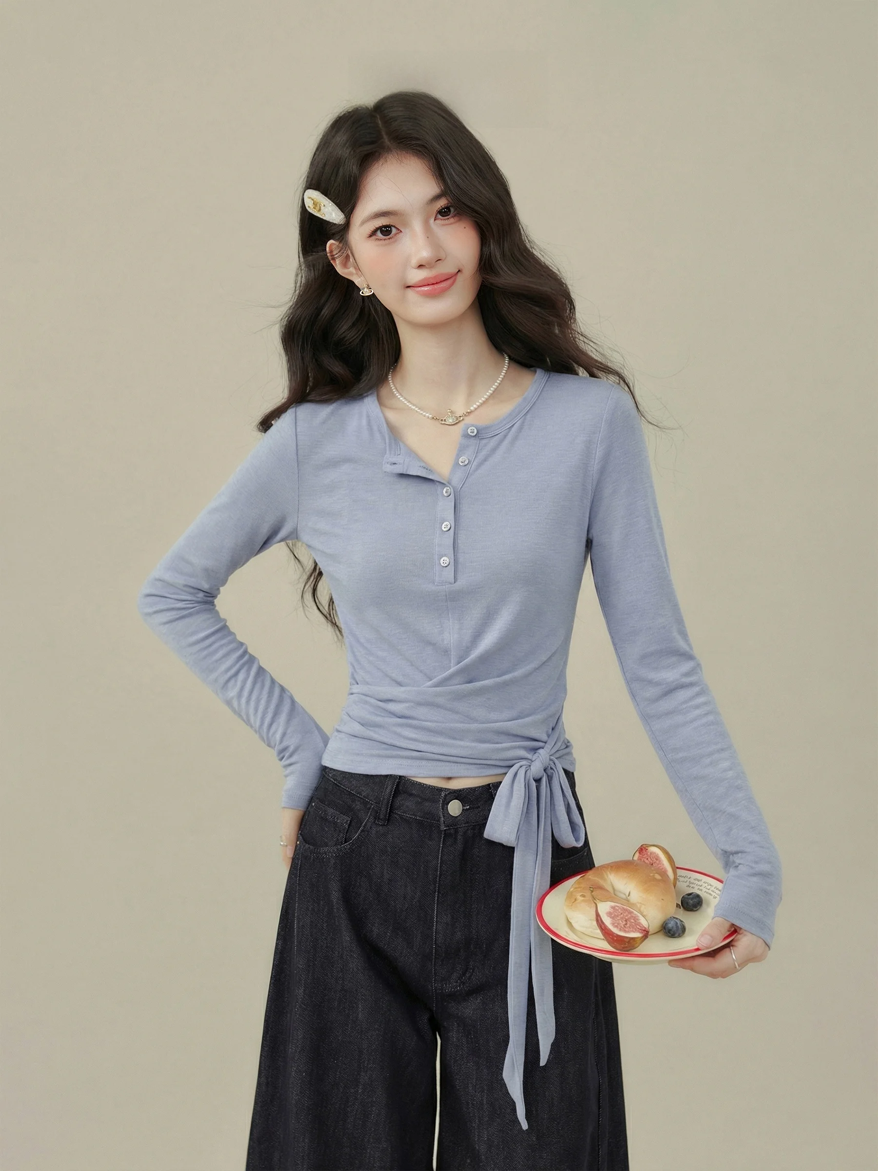 

Casual Style Long Sleeve T-Shirt Women's Early Spring Half Open Collar Unregular Lightweight Oxygen Knot Top plus Size