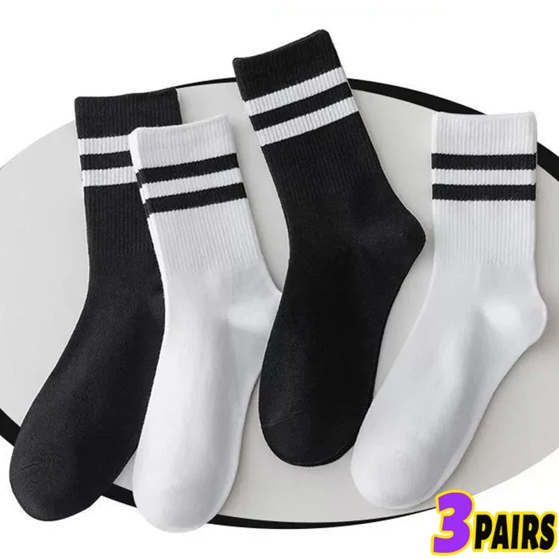 

1/3PAIRS Cotton Socks Women Autumn Winter Soft Breathable Stripe Solid Black White Sport Middle Tube Sock Deodorant Socks