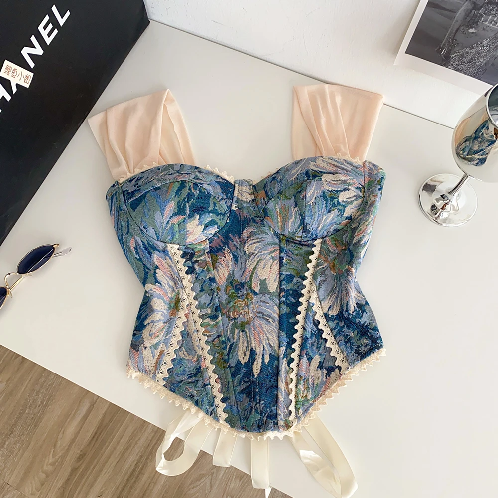 

Women's Retro Print Evening Camisole Strap Lace Spliced Slim Top Floral Vintage Beach Tank Top Corset Underbust