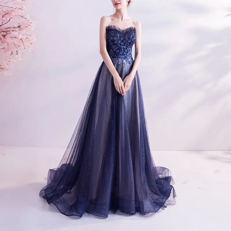 Customized Customized Decal Blue Starry Wedding Party Dress 2024 New Dinner Long Trailing Birthday Party Strapless Prom Dresses