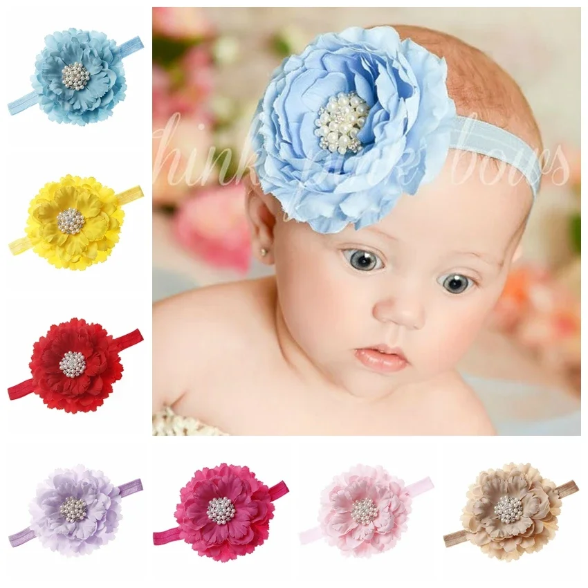 Cute Baby Newborn Peony Flower with Pearl Rhinestone Button Headband Shiny Party Birthday Gift Hair Accessories Photo Shoot