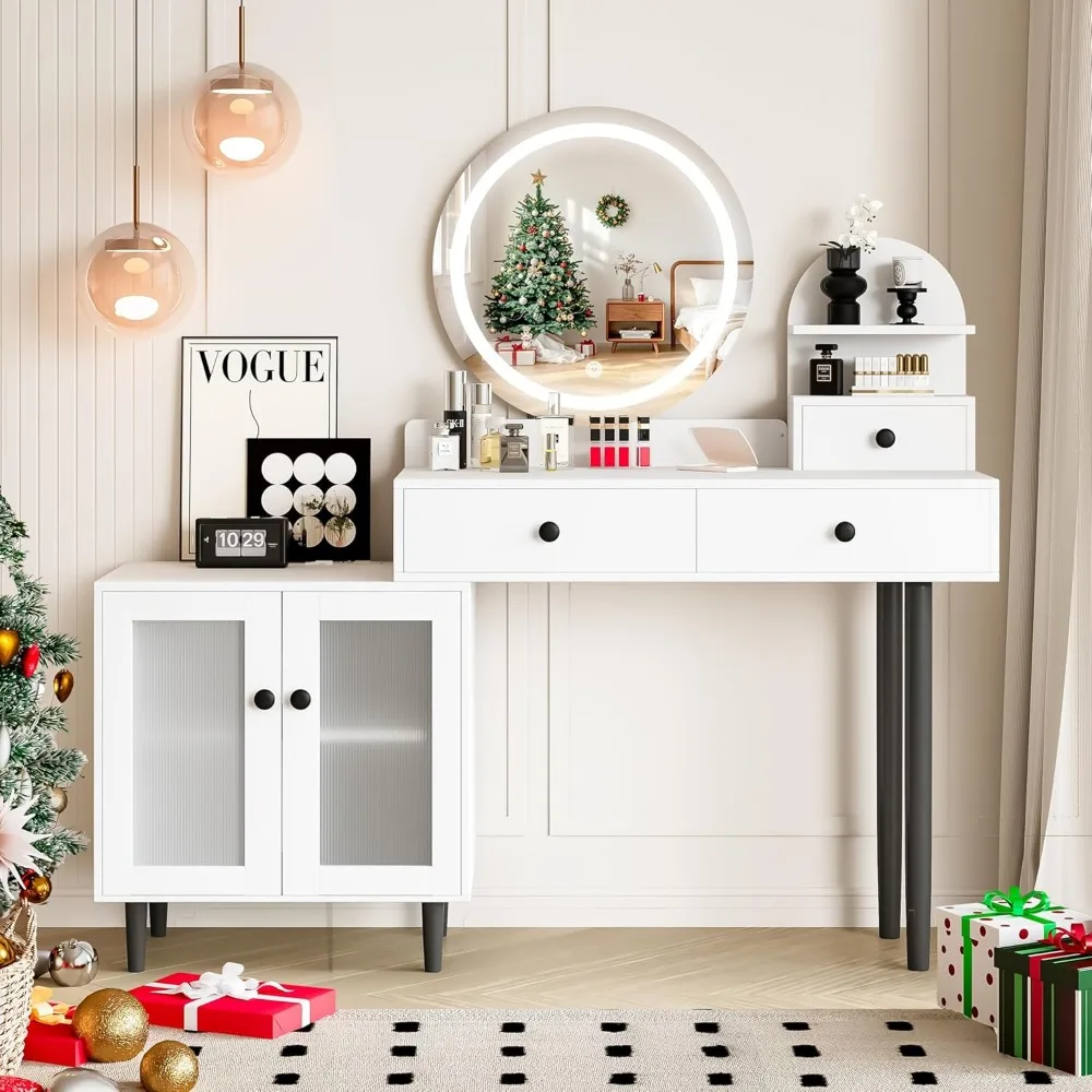 

Vanity Desk with Round LED Mirror, Modern Makeup Vanity with Power Outlet, LED Touch Screen 3 Lighting Modes, Adjustable Brightn