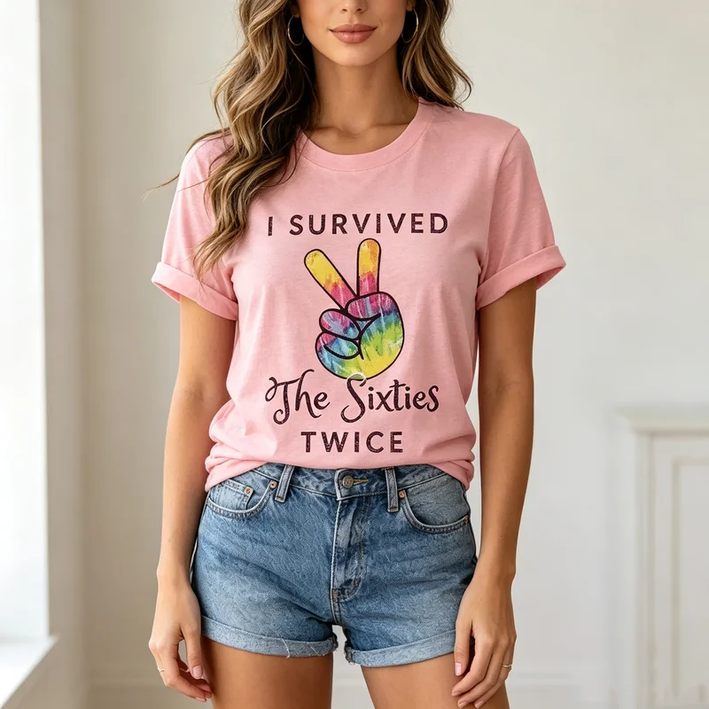 Retro Sixties Peace Tee I Survived The Sixties Twice Print Womens Cotton Short Sleeve Casual Gift  Oversized T Shirt Y2k Top