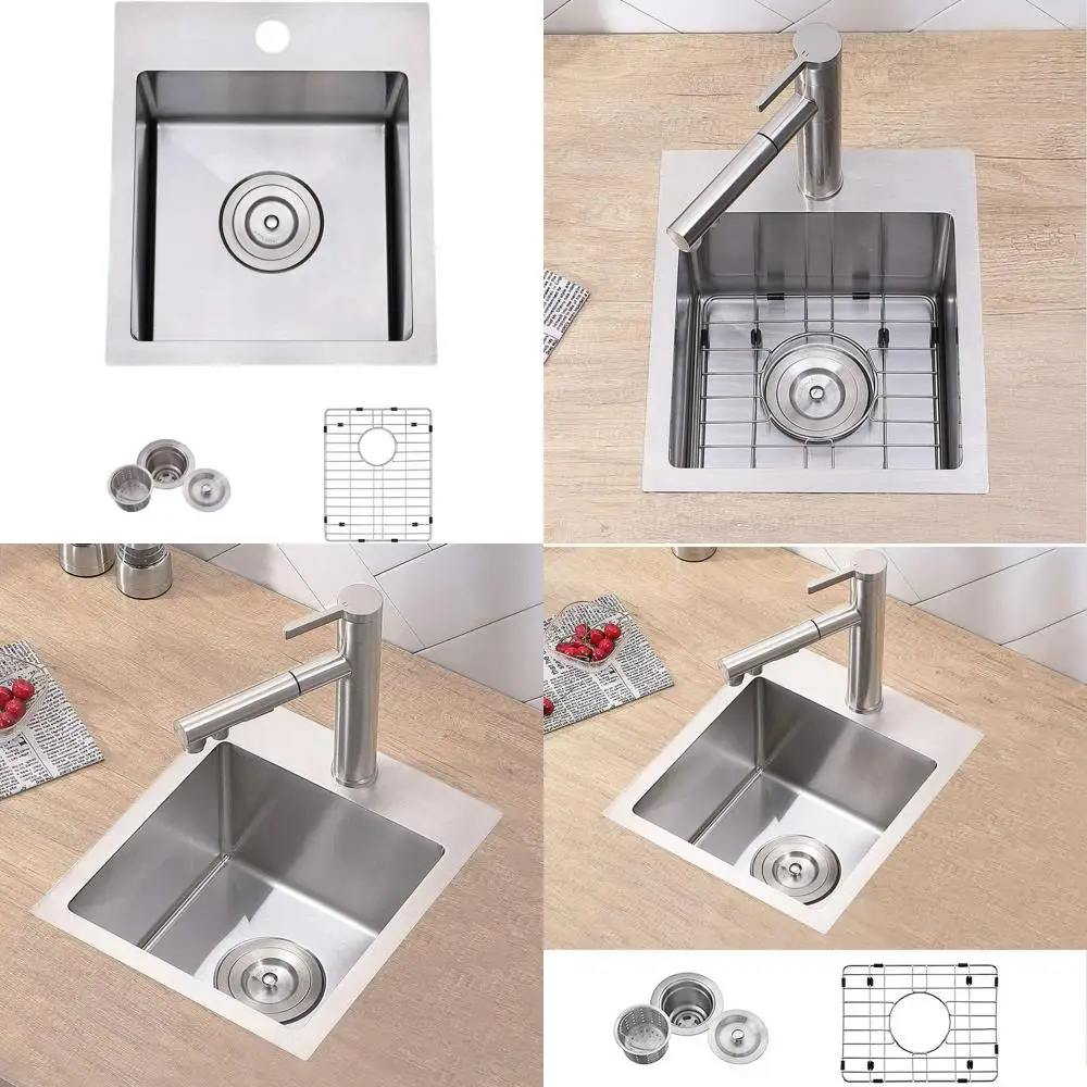 

Кухонная мойка 13x15 дюймов с верхним монтажом, одинарная чаша, ручная работа, нержавеющая сталь, для улицы/баров, матовый никель с аксессуарами