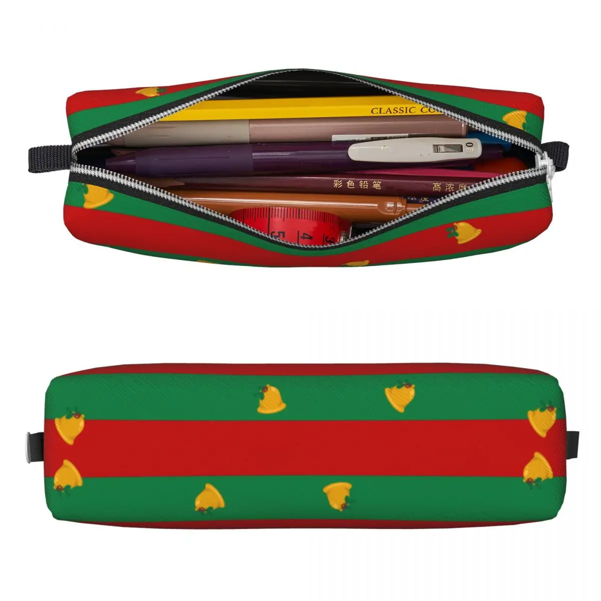 Lovely Christmas Bells Stripe Pencil Case Red Green Pencilcases Pen Student Large Pencil Bags School Supplies Gifts Stationery