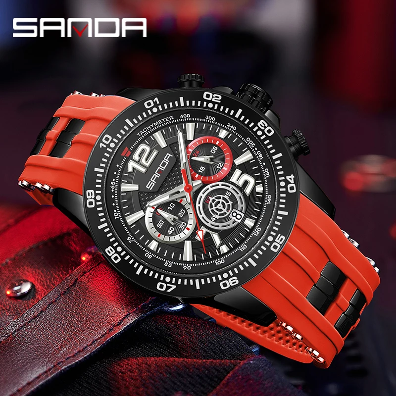 

SANDA Red Watch for Men Fashion Luxury Chronograph Analog Quartz Wristwatch with Silicone Band Luminous Hands Date Waterproof