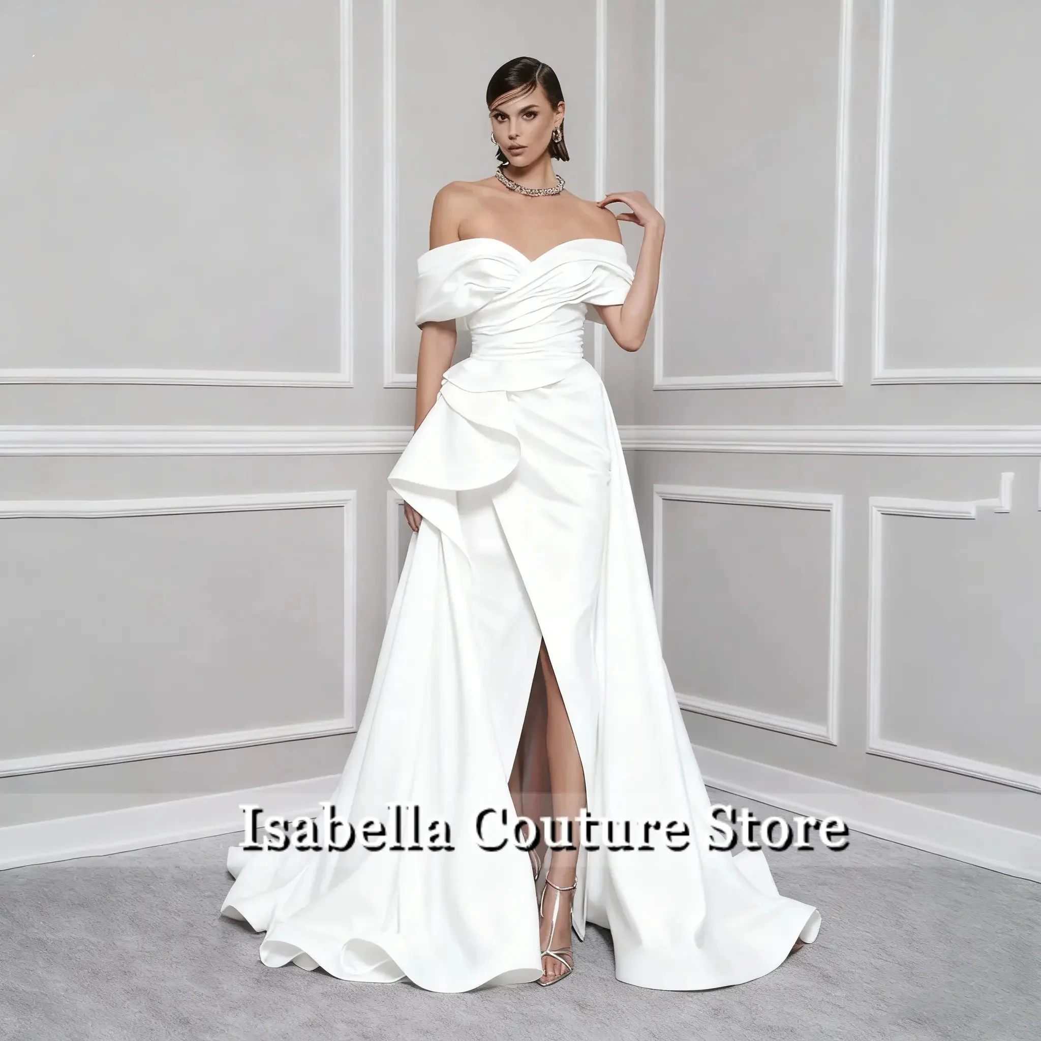 Red Elegant Prom Gown V-Neck Off the Shoulder Party Dress for Woman Satin Pleating Side Split Evening Dresses Customized