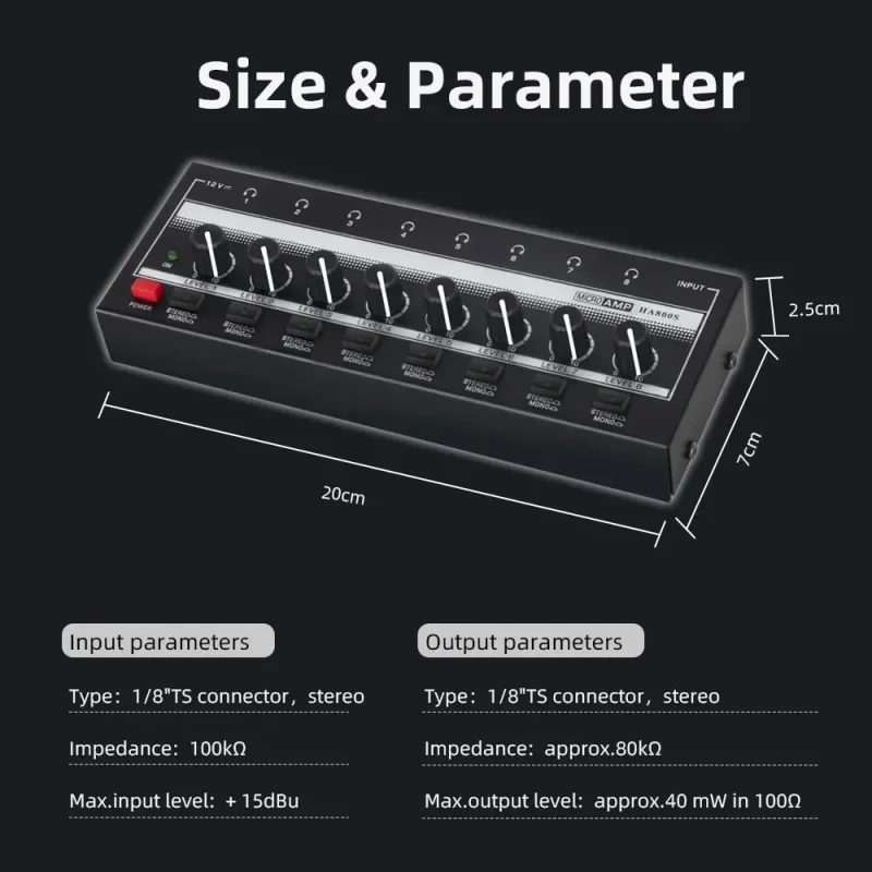 Amplificador de auriculares HA800S, amplificador de Audio estéreo/mono de 8 canales para grabación de Mezclador de música, amplificadores de sonido ultracompaccos