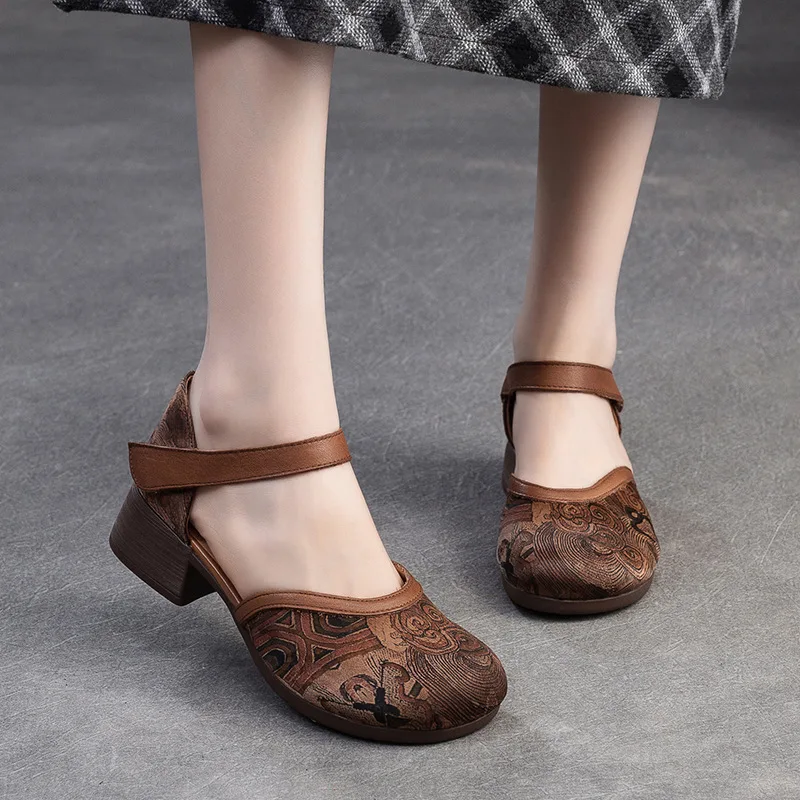 Summer New Retro Thick Heel Round Toe Sandals Elegant Chinese Style Printed Women's Shoes