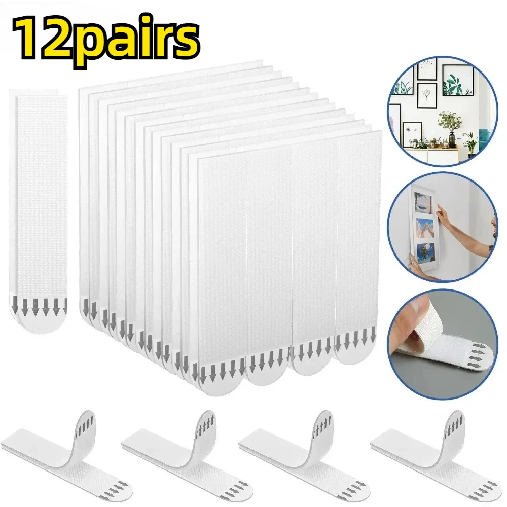 

12 Pairs Double-sided Adhesive Strip Non-destructive Hanging Wall Adhesive Strip Wall Hooks Tool-Free Removable Adhesive Strip