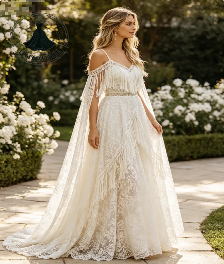 Rustic Bohemian Wedding Dress With Fringe Tassel Ivory Crochet Boho Lace Fairy Forest Bride Gowns Gypsy Gatsby Rustic Country