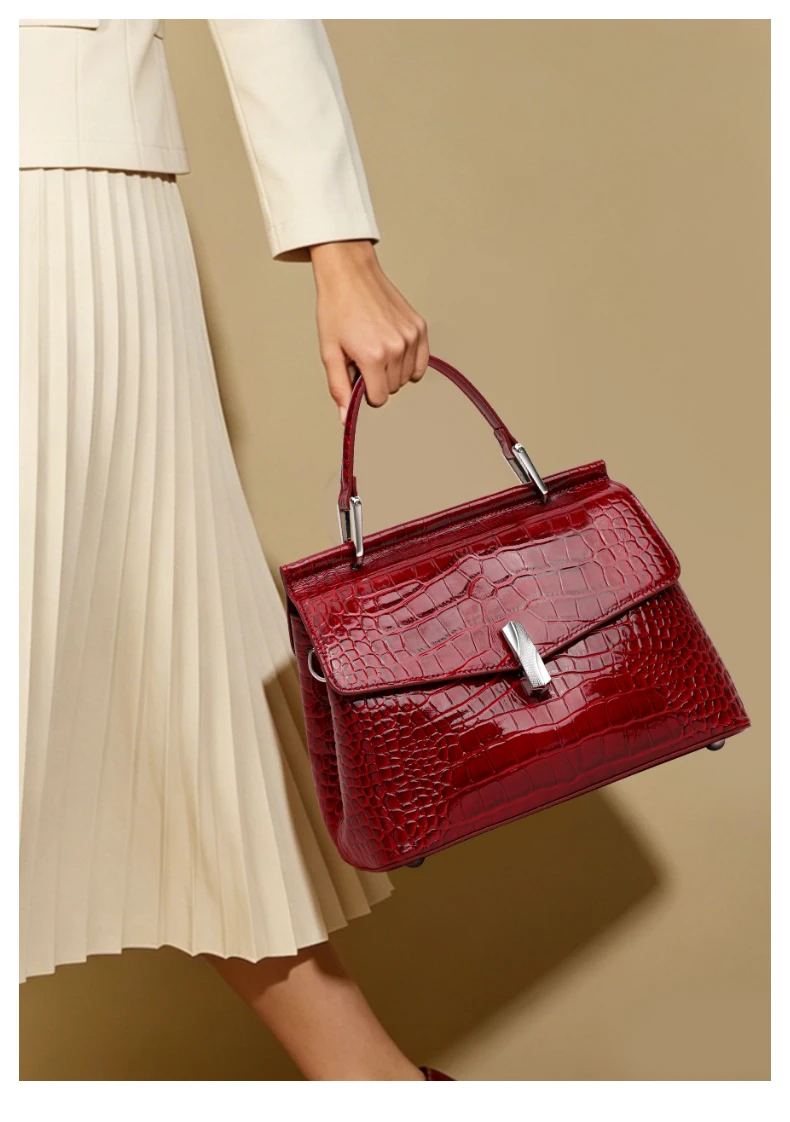 Damen-Handtasche aus Krokodilleder-Imitat, Glänzend Rote Henkeltasche mit Metallverschluss, Damen-Umhängetasche für Arbeit & Alltag – Detail 3