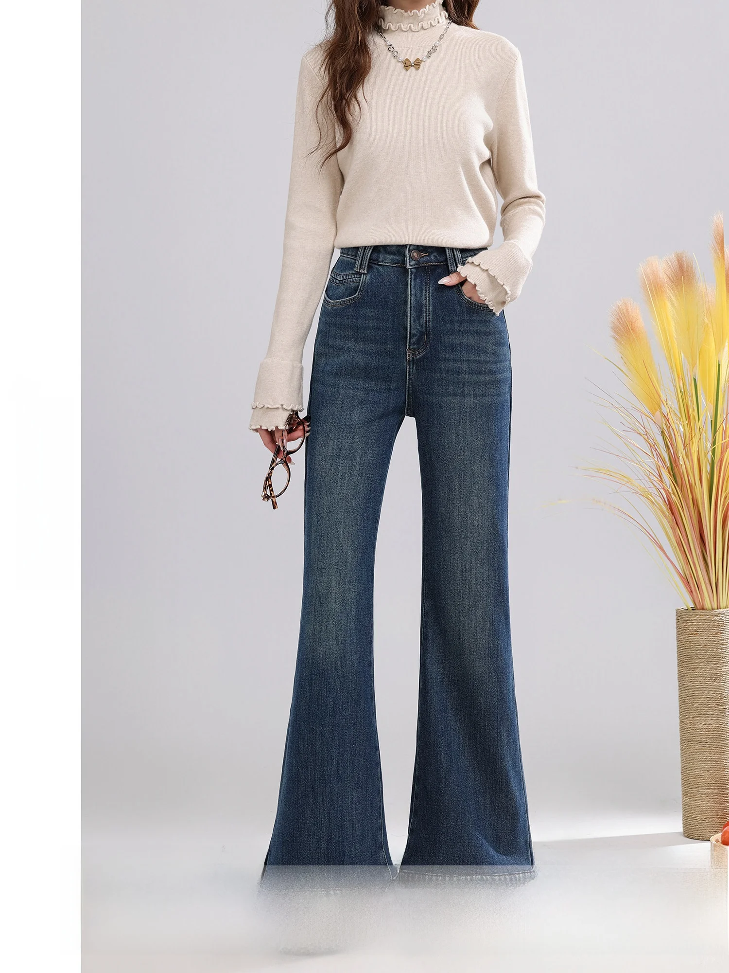 

Женские зимние повседневные длинные брюки-клеш с высокой талией, винтажные, из хлопкового денима, синего цвета