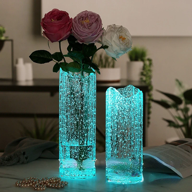 Luminous Glass Vase Creative large Transparent Glass Flower Vase Wave Mouth Flower Arrangement Living Room Home Decoration