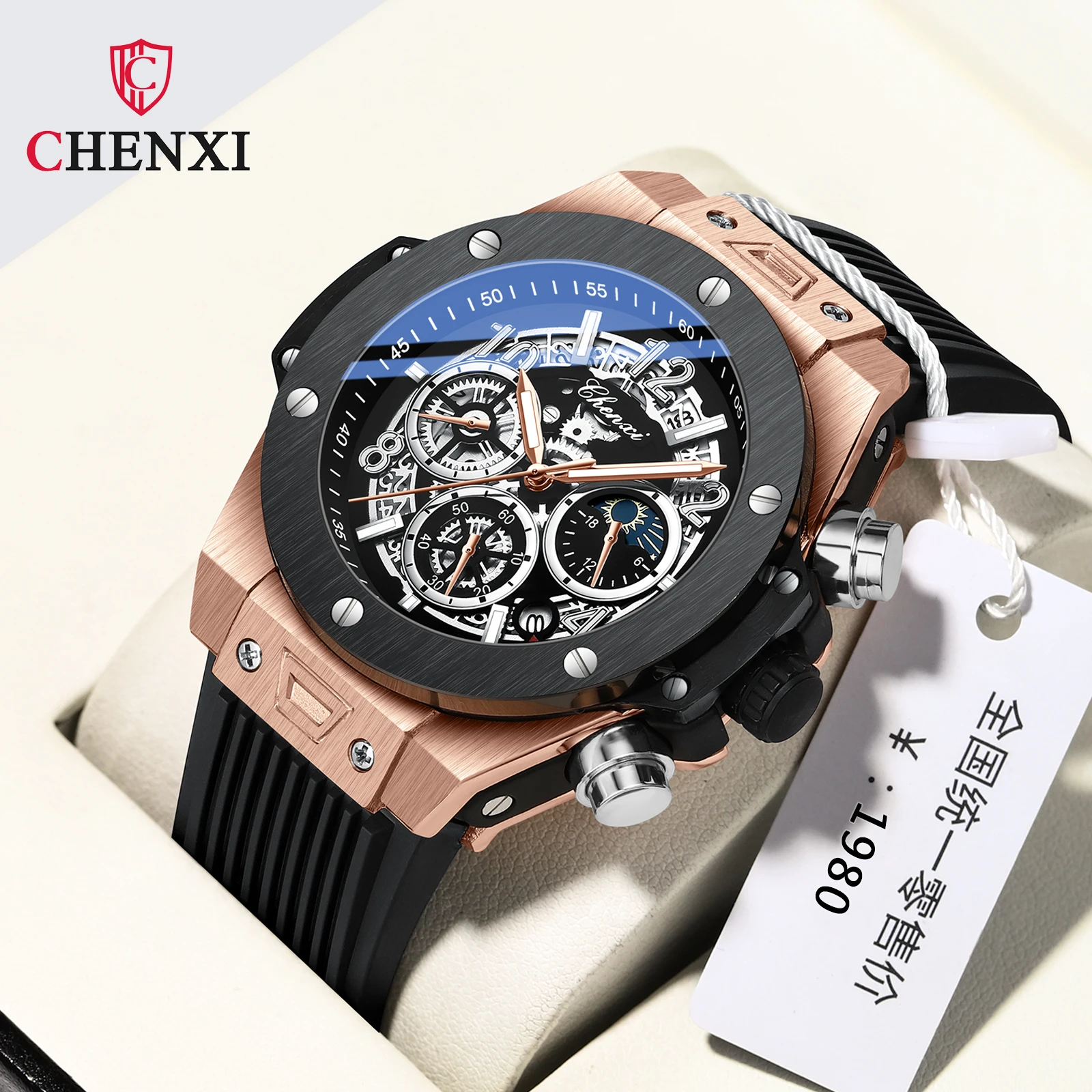 CHENXI 949 Men's Quartz Wristwatch Luminous Moon Phase Chronograph Calendar Waterproof Silicone Strap Fashion Watches for Men