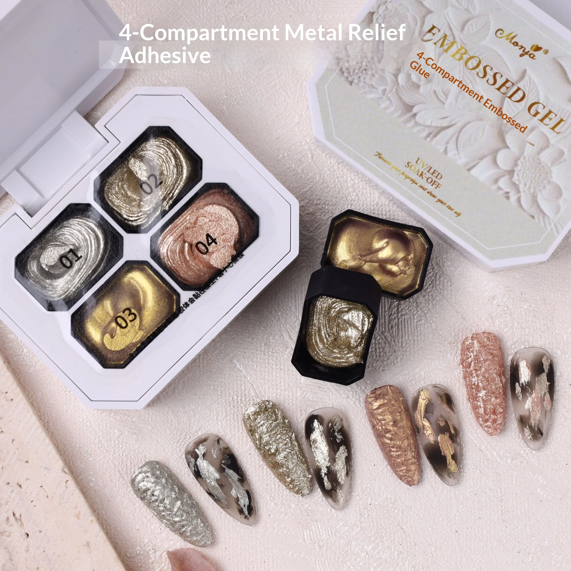 Paleta de Gel para Unhas Morda 2.5g com 4 Compartimentos, Gel Granulado com Relevo Metálico, Gel de Escultura 3D em Relevo para Arte de Unhas, Gel de Escultura de Textura UV LED DIY para Manicure