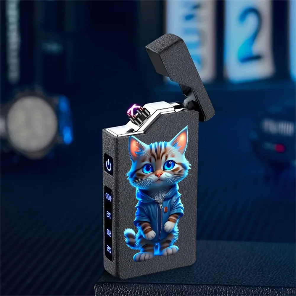 1pc Windproof Electric Arc Lighter, Cartoon Kitten Design, USB Rechargeable, Dual Arc, Flameless, Metal Shell, Long-Lasting, Portable, for Boyfriend, Camping, Valentine's Day, Christmas, Father's Day Gift