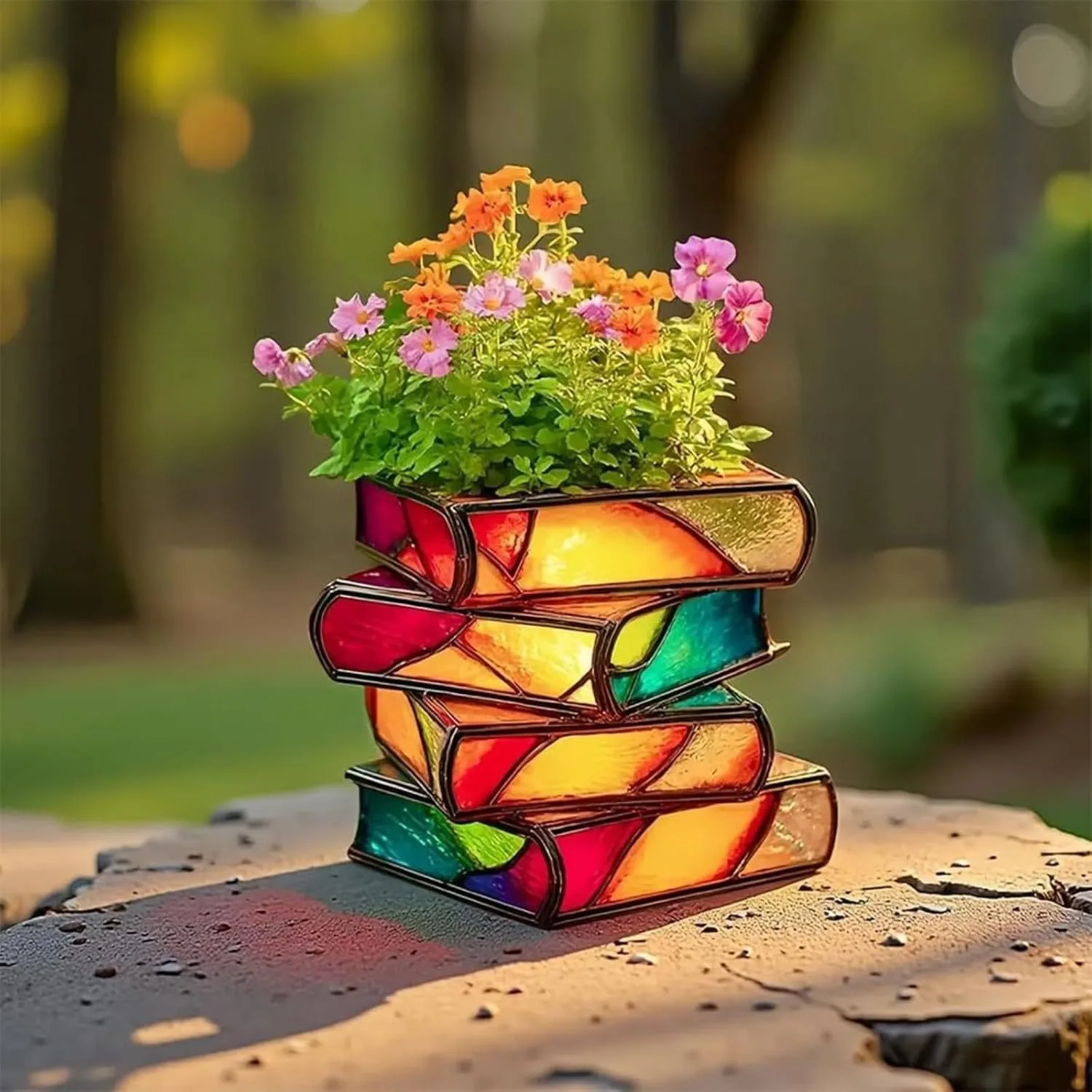 Stacked‑Books Resin Planter,set of 2,Stained‑Glass Effect Colorful Book Pile Flower Pot, Home Desktop Garden Yard Decor Ornament