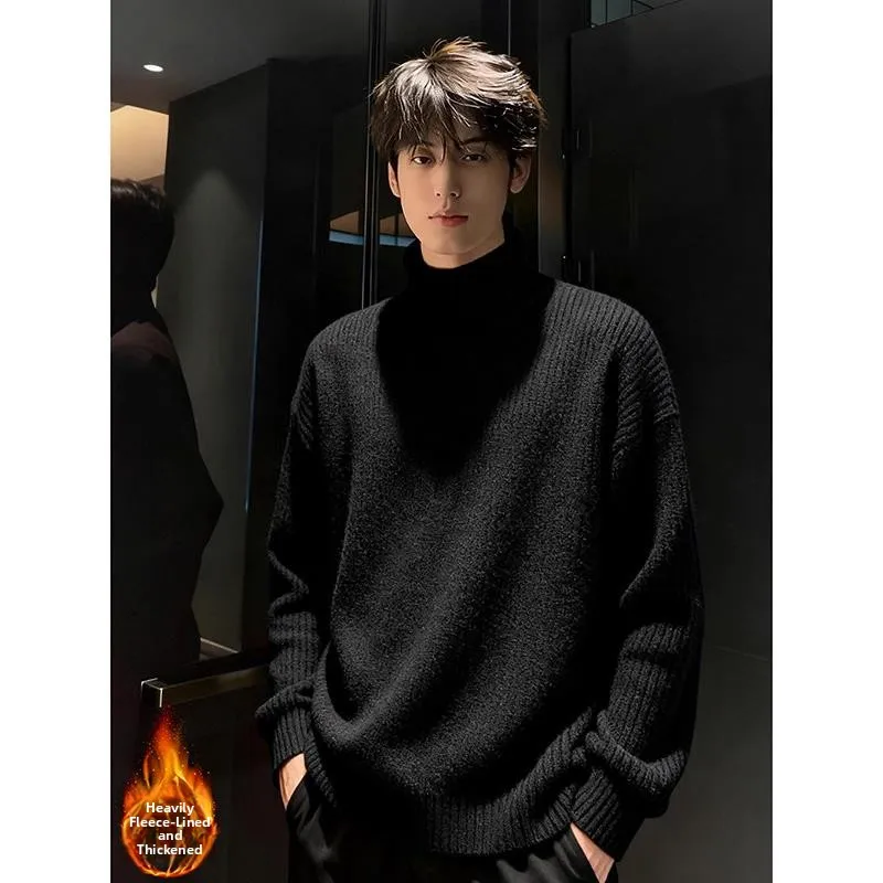 

Мужской утепленный вязаный свитер с высоким воротником на флисовой подкладке, осенне-зимний, теплый, с длинным рукавом, повседневный, свободного кроя, базовый, с круглым вырезом
