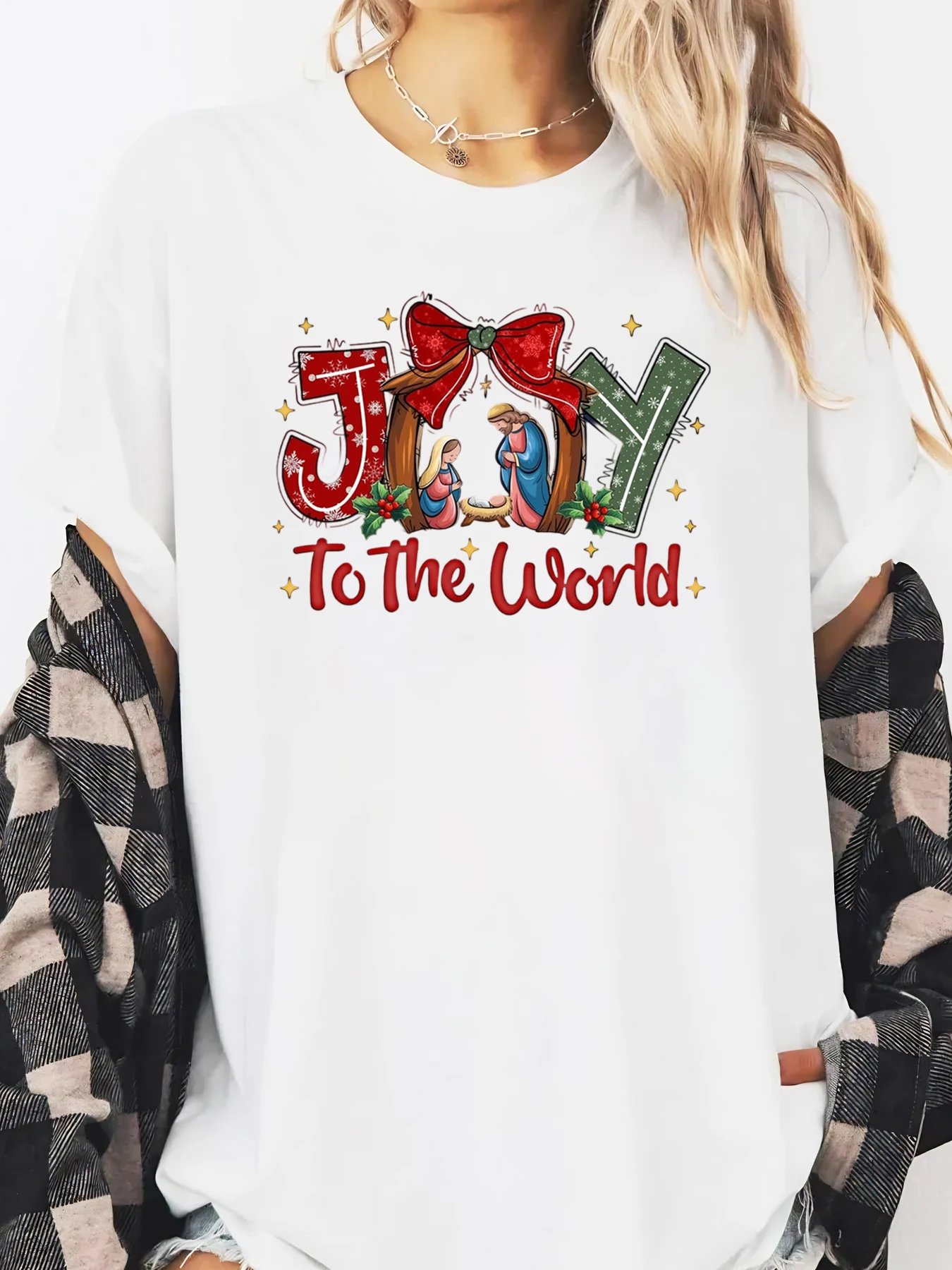 تي شيرت نسائي بأكمام طويلة مطبوع عليه Joy To The World لعيد الميلاد، ملابس كاجوال للعطلات باللون الأبيض مقاس كبير #1