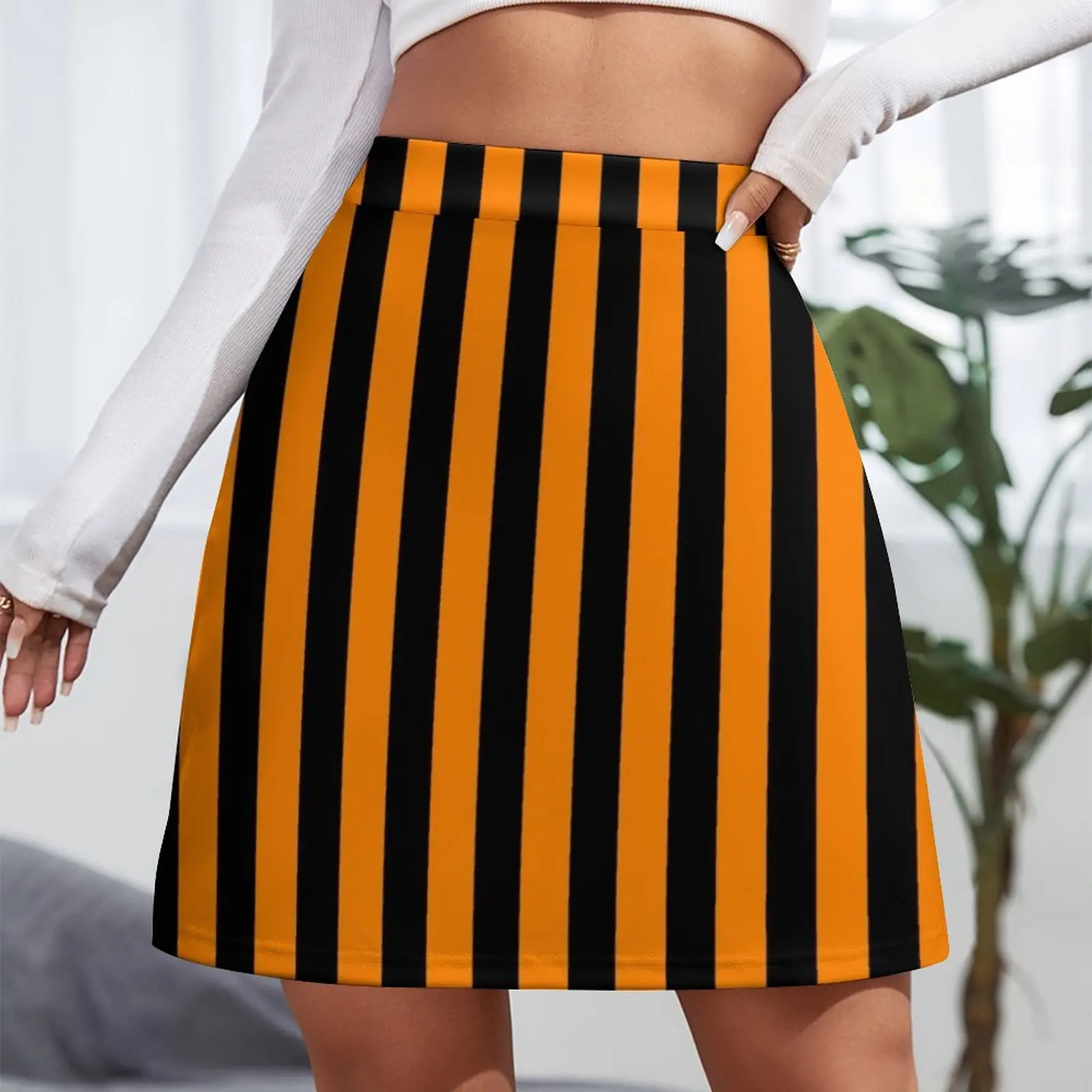 Neon Orange and Black Vertical Stripes Mini Skirt Women's skirt Short skirts night club outfit skirts for womans