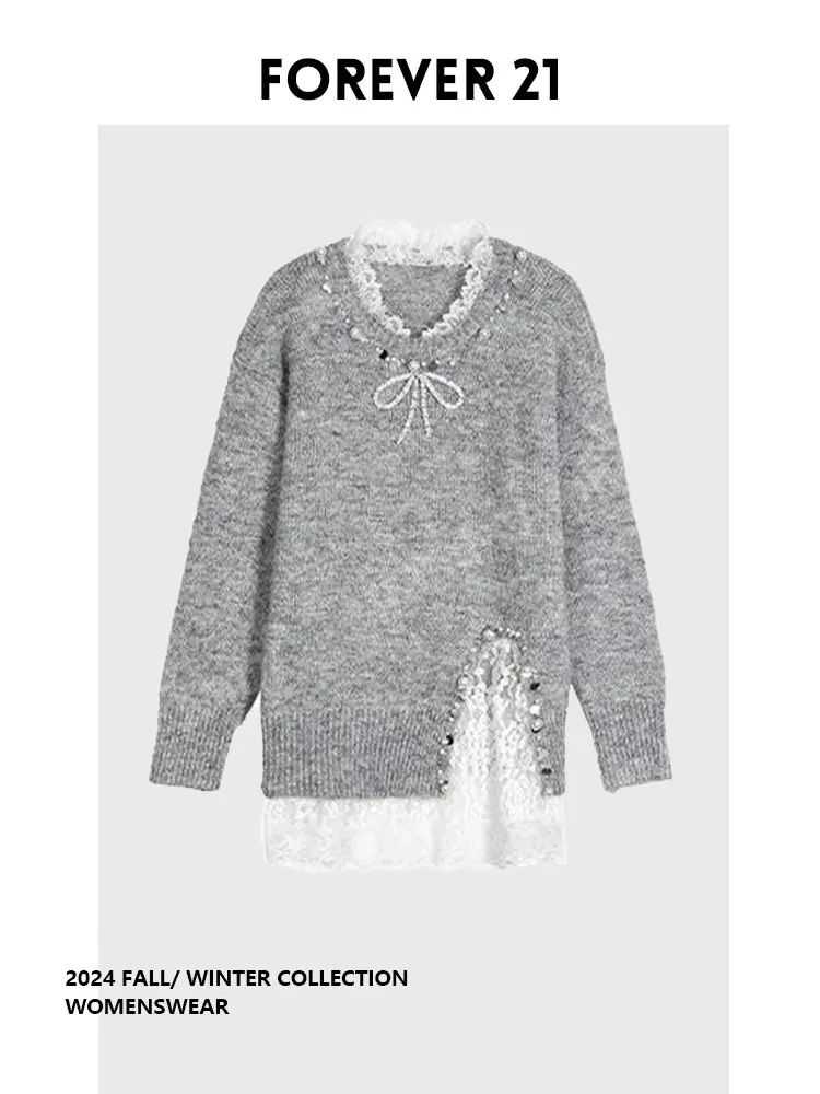 

Forever 2 ey Lace Splicing Design Loose Casual Sweater High-End Sle Commute Long Sve round Ne Woolen Knitwear