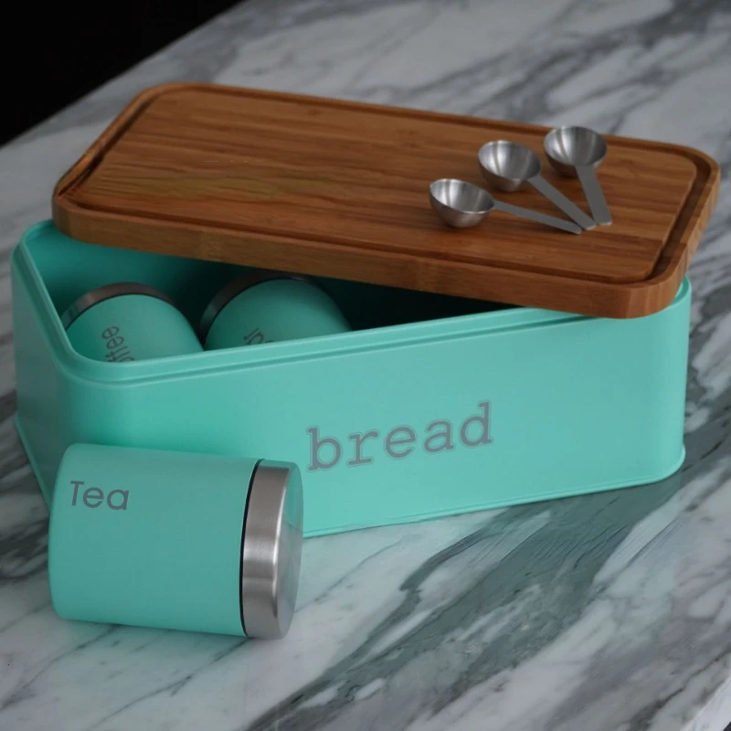 Simple and stylish iron dusting bamboo lid bread box metal sealed jar three-piece home kitchen storage box