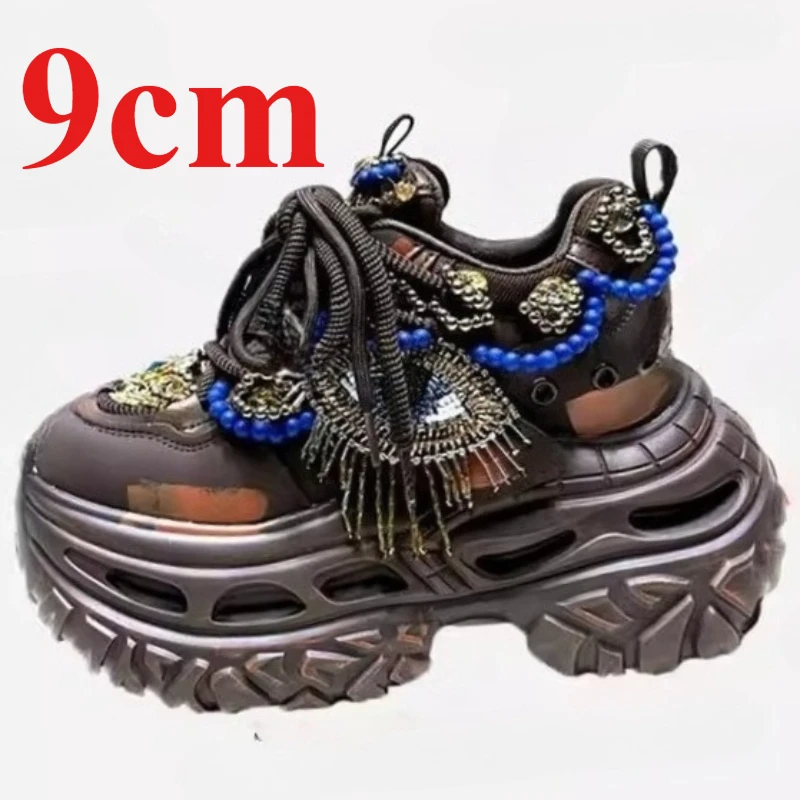 

Genuine Leather Outdoor Graffiti Bead Casual Shoes for Women's 9cm Thick Soled Height Increasing Shoes Rhinestone Daddy Shoes