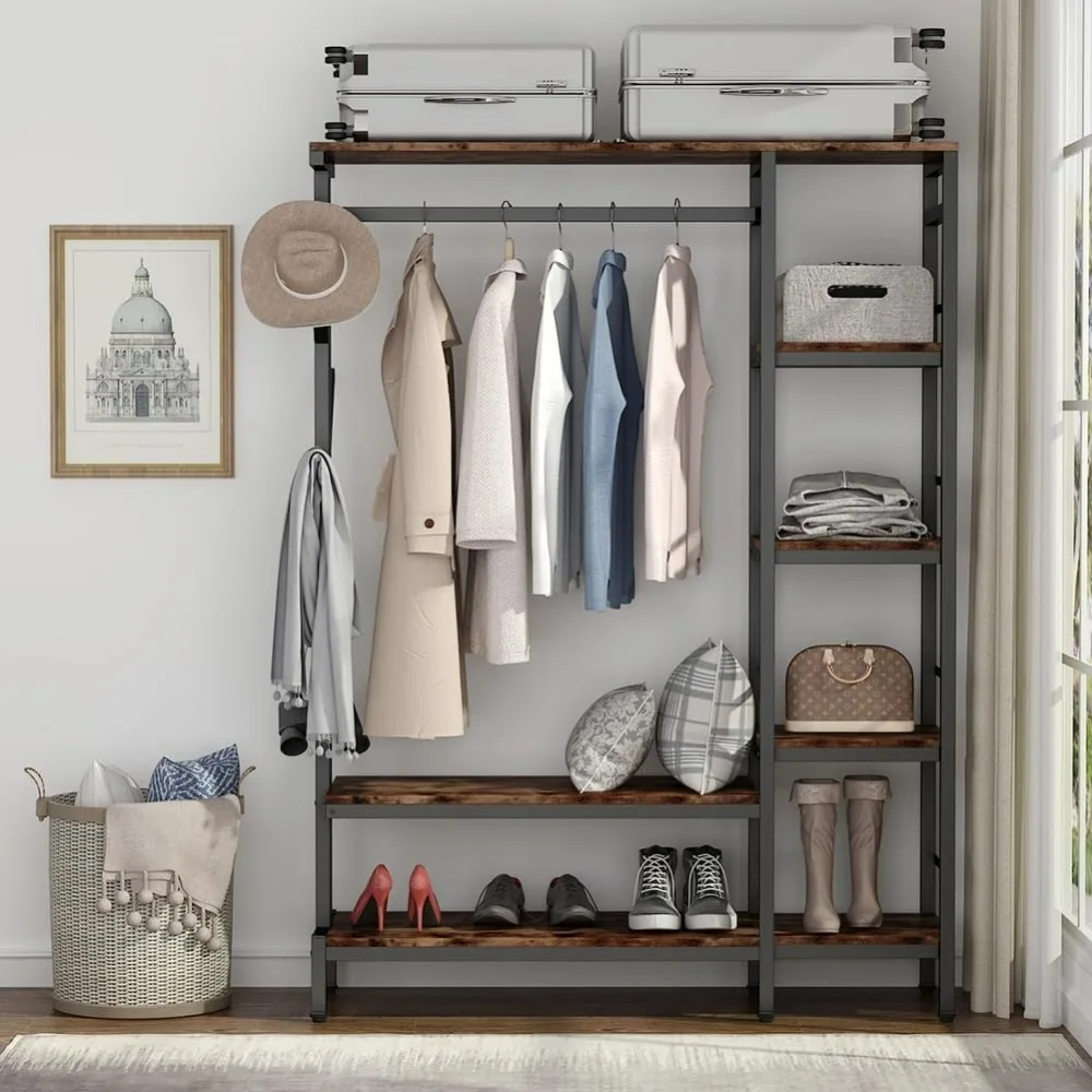 Free-standing Open Closet with Hooks, Metal Clothes Shelf Garment Rack with Shelves and Hanging Rod, Heavy Clothing Closet