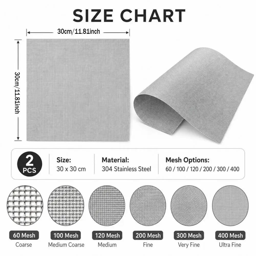 2Pcs 60-400 Mesh 304 Stainless Steel Filter Screen Mesh 11.81×11.81 Inch Woven Metal Mesh Stainless Steel Screening Filter Sheet and Suitable Ventilation Windows