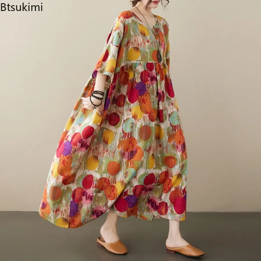 Sommer Boho Stil Kurzarm Vintage Polka Dot Lange Kleider für Frauen Casual Lose Maxi Kleid Elegante Frauen Kleidung Oversize