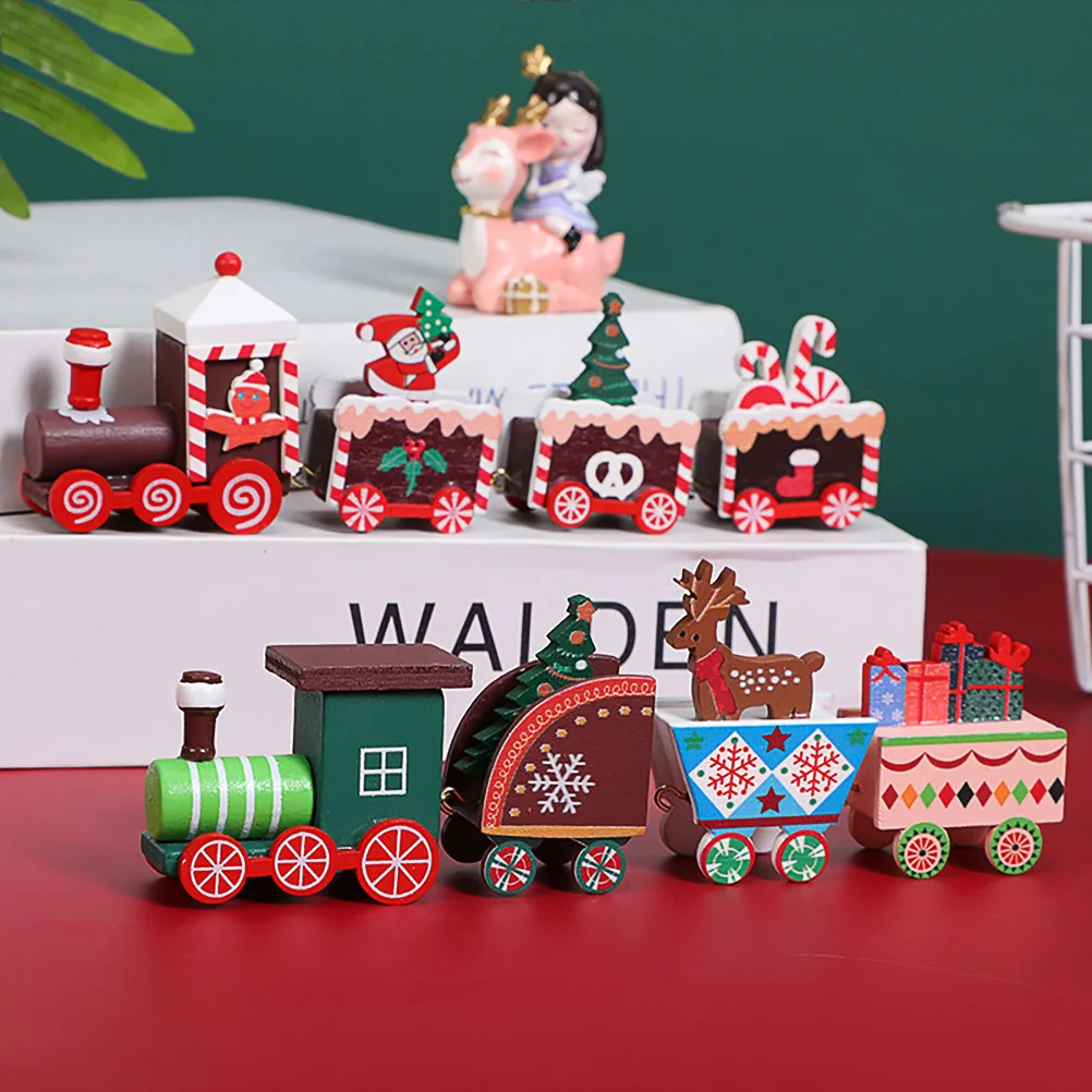 

2Pcs Creative Wooden Train Christmas Decorations Desktop Ornaments for Holiday Party Xmas Wood Adornment Red Green Theme
