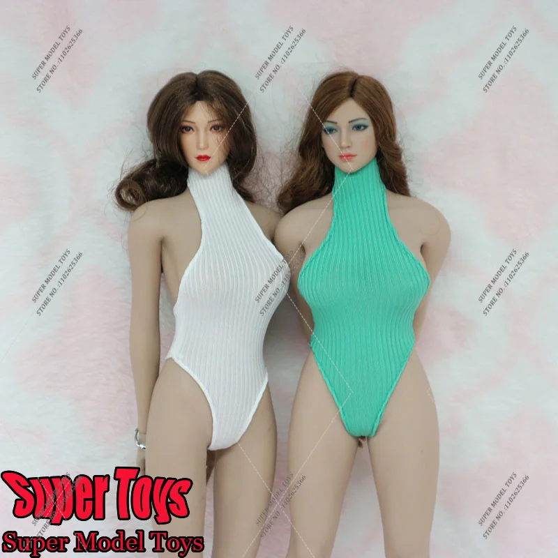 1/6 Female Soldier High Split Hanging Neck Swimwear Solid Color Hip Wrap Skirt Knitted Bodysuit Fit 12Inch Action Figure Body