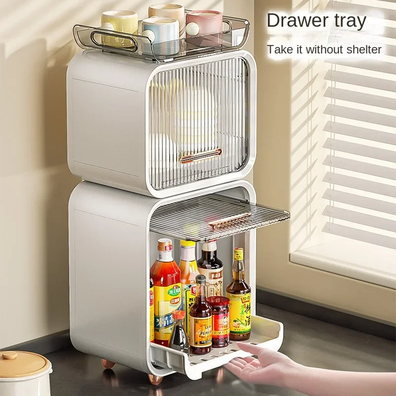 

2Layer Kitchen Storage Cabinets Dust Proof with Cover Dishware Cutlery Water Cup Make Up Organizer Sundry Shelf Multi-Functional