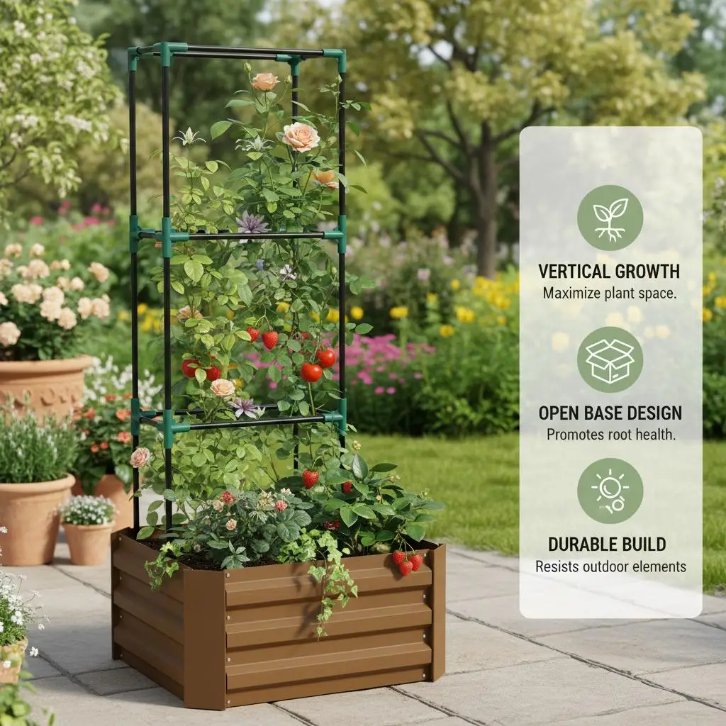 

Коричневый ящик-кашпо с решеткой 61x61x140 см, без дна, всепогодный, для сада, патио, балкона