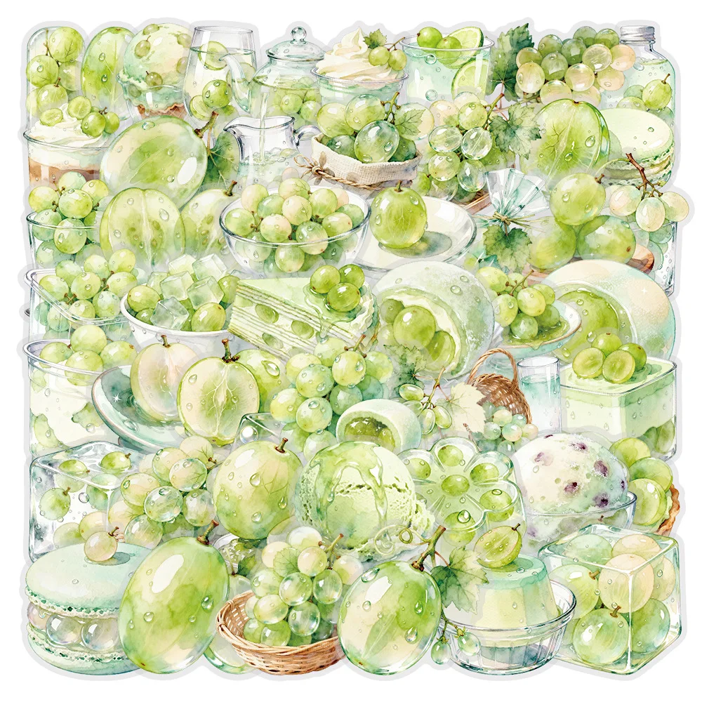 50 PCS Watercolor Sunny Green Grape Fruit Art Transparent Stickers Pack Fridge Lunch Box Laptop Waterproof Decorate Decals