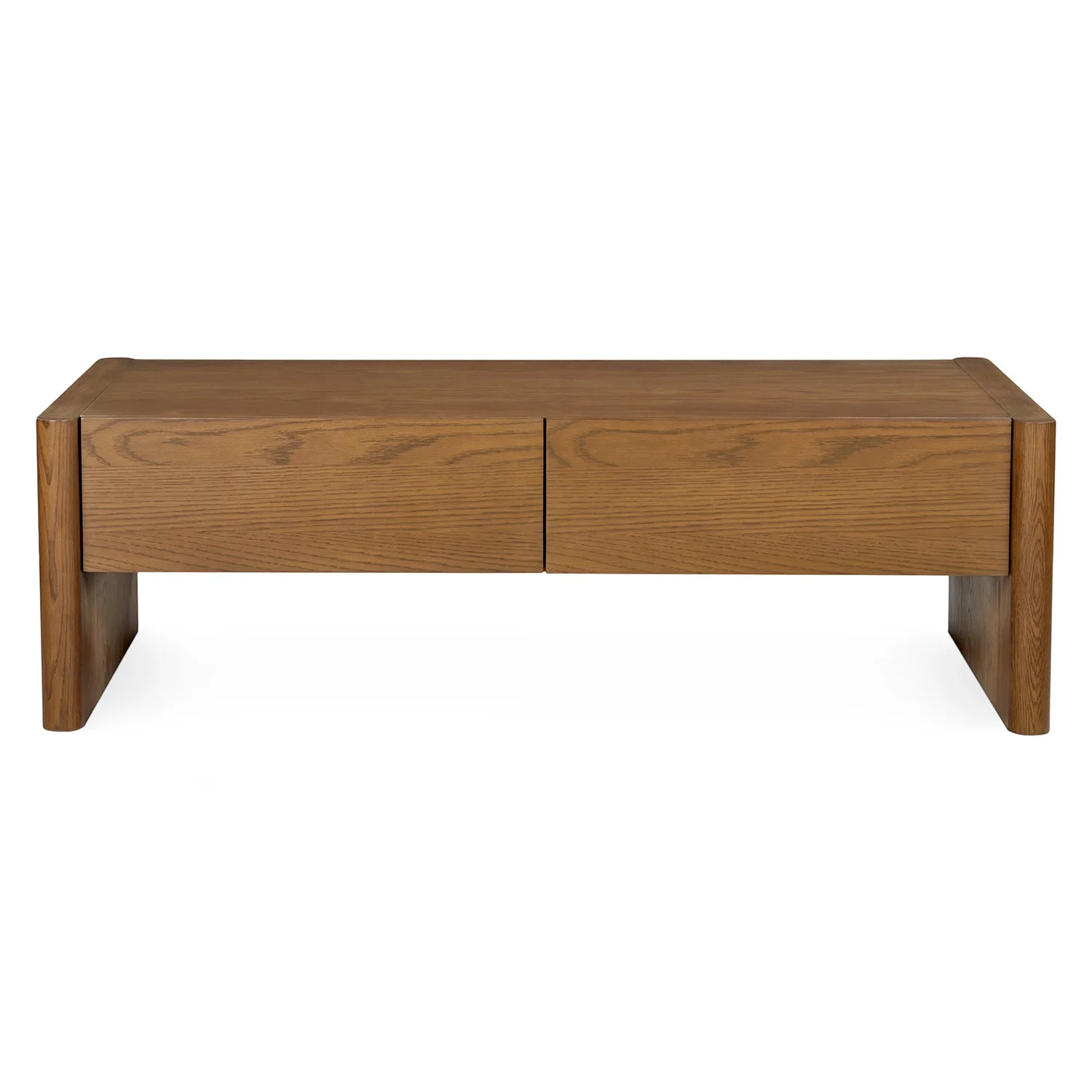 Medieval dark oak coffee table, 48 round side panels, 2 drawer center table