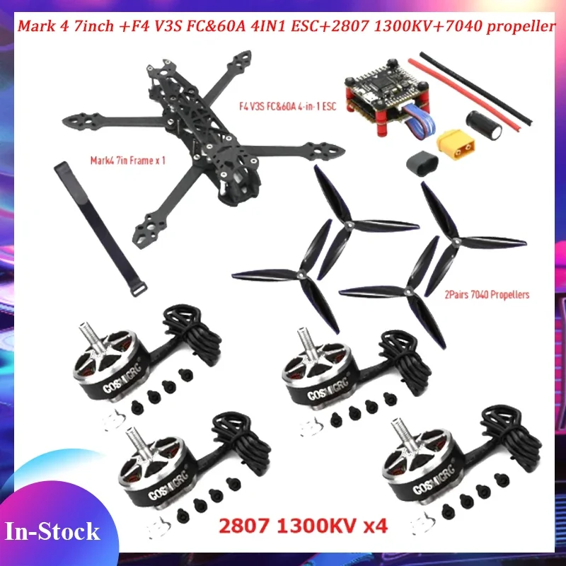 

Mark4 F4 V3S PLUS Stack BLS 60A ESC Mark 4 7inch 295mm FPV Carbon Fiber Frame 2807 1300KV Brushless Motor 7040 propeller RC Kit