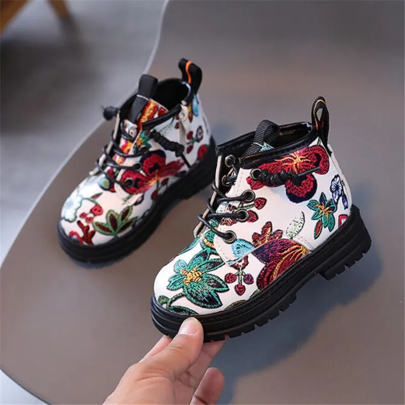 Print Children Black Boots Lace Up Leather Kids Shoes Fashion Boy Girl Short Boots