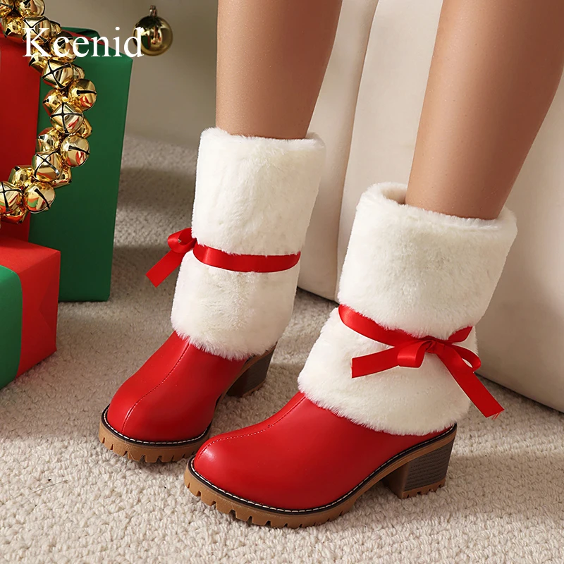 

Kcenid Women`s Christmas Party Red Snow Boots Winter Slip On Mid Calf Boots Round Toe Mid Heels Shoes Plus Size 35-43