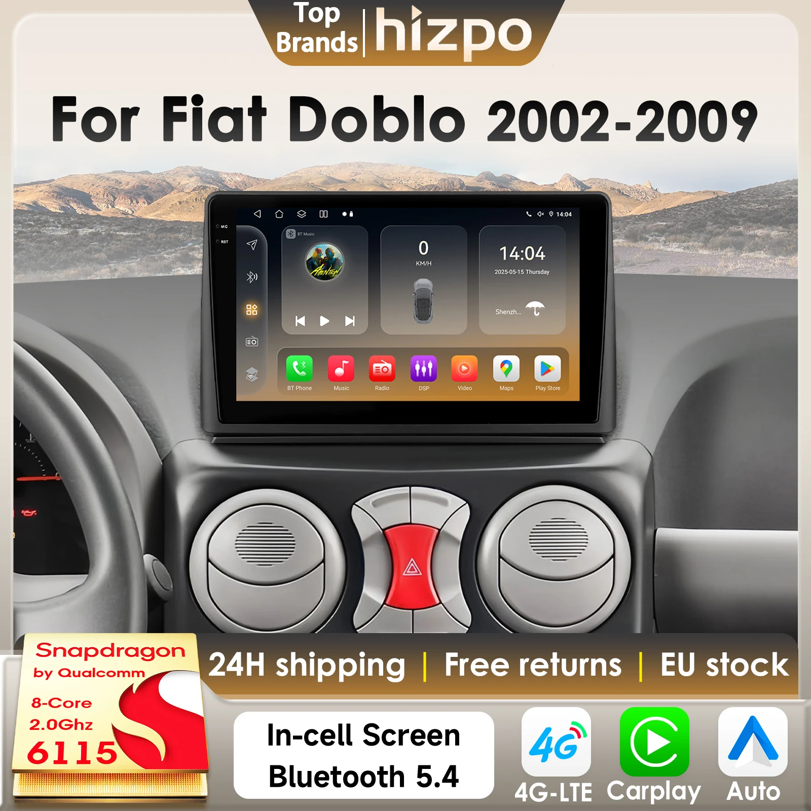 Hizpo 8G 128G 2Din Android 14 Autoradio Per Fiat Doblo 2002-2009 Auto Multimedia GPS 4G Carplay 360Cam Di Qualcomm Snapdragon6115