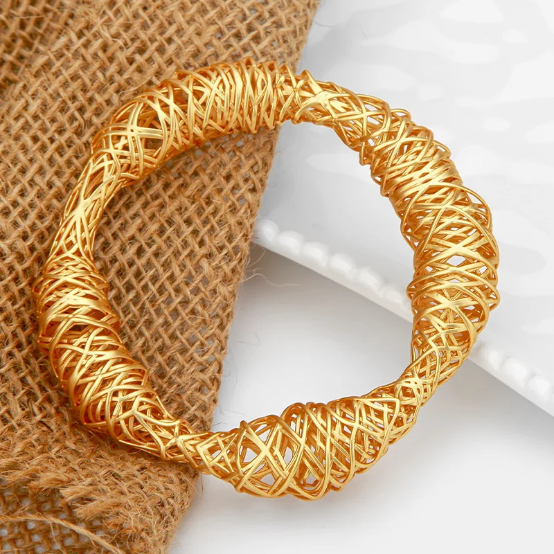 IVOG Hand‑woven Hollow Brass Cuff Bangle For Women Handmade Wire‑wrapped Metal Wrist Bracelet Daily Party Jewelry Holiday Gift