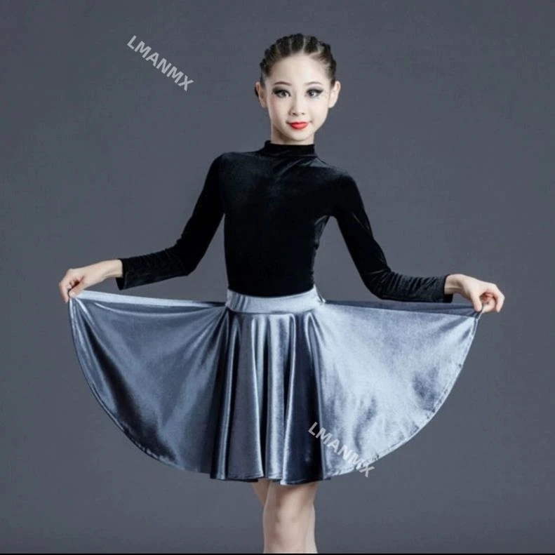 Traje de dança latina infantil, traje de dança para meninas, desempenho de competição de prática infantil, saia de dança latina, top dividido