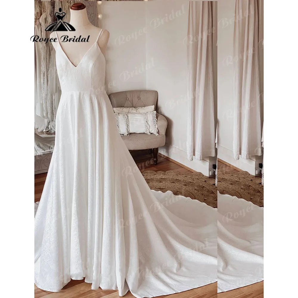 2023 szata Mariee Floral Satin V Neck prosta suknia ślubna suknie ślubne bez pleców paski Spaghetti szata mariage femme Roycebridal