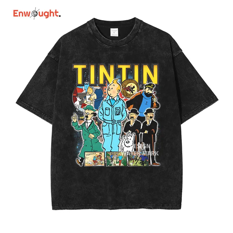 

Anime Tintin Et Milou T Shirt Vintage Washed Y2K Cartoon Tops Tees Oversized Short Sleeve DTG Printing T-shirt Women Cotton