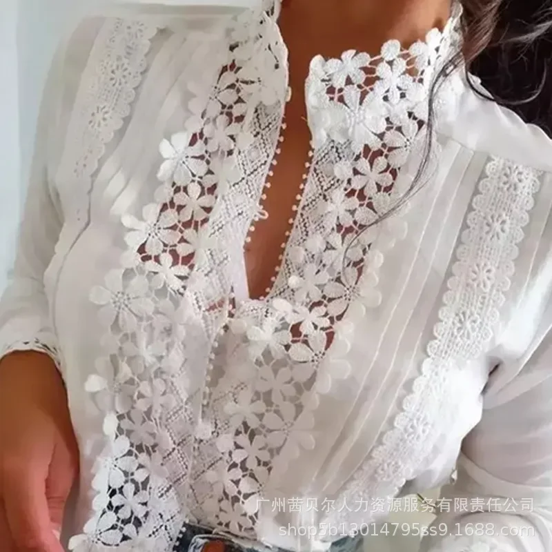 

White Lace Shirt Tops Women Casual Floral Stitching Long-Sleeved Shirts Top Solid Color Elegants Summer Shirts Top