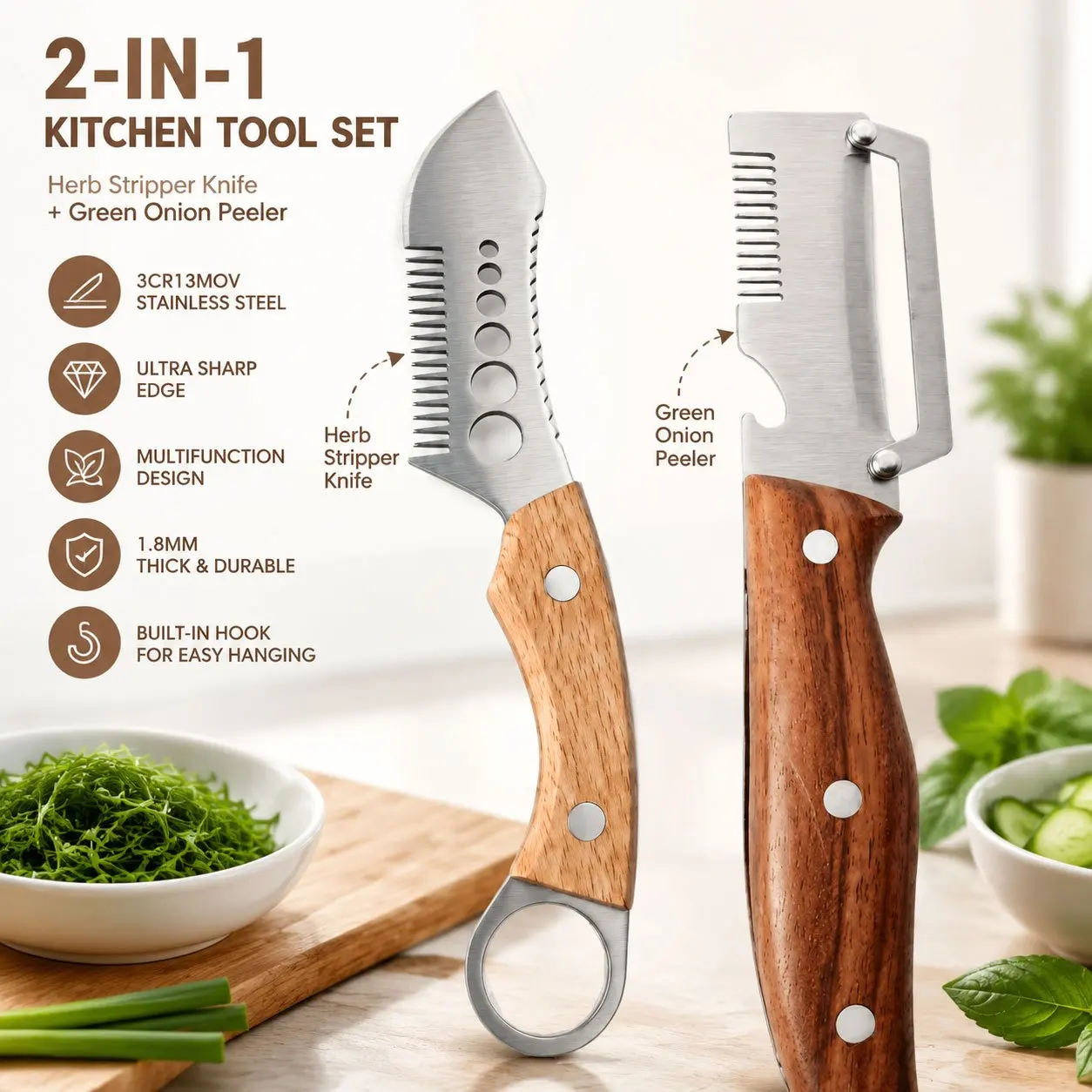 New Improved 2-in-1 Scallion Shredder&Herb Stripper, Stainless Steel Slicer with Wooden Handle-Fish Scaler & Bottle Opener
