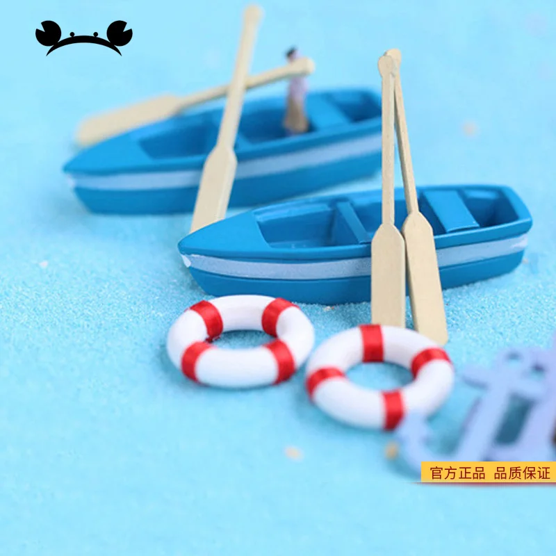 Miniature Figurine Mini Boat Sea Beach Umbrella Chaise Lounge Chair Seaside Scenery Plastic Craft Toy Micro Landscape Decoration