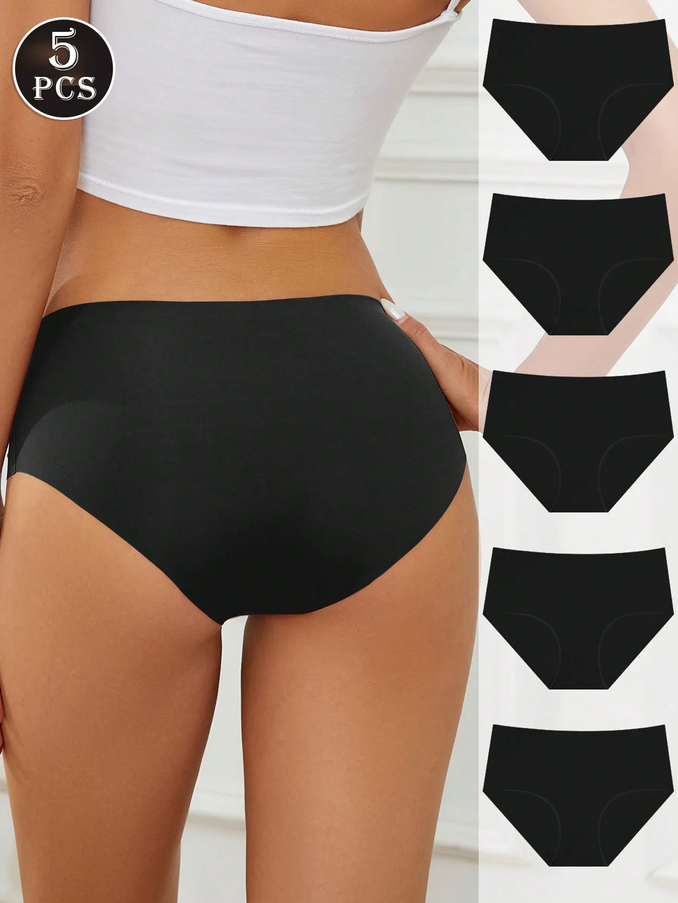 

Комплект из 5 женских бесшовных мягких дышащих трусиков-бикини, однотонные черные комфортные эластичные трусики